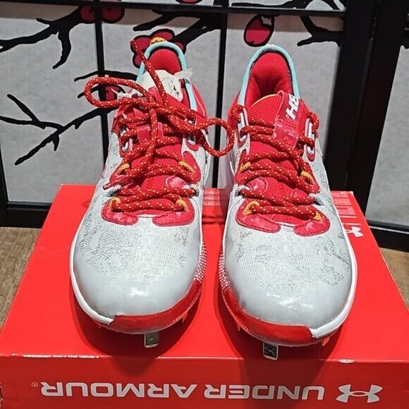 Under Armour Hovr UA Harper 8 Low Red & Silver Hybrid Metal Cleats Size 6.5 New - Picture 4 of 13